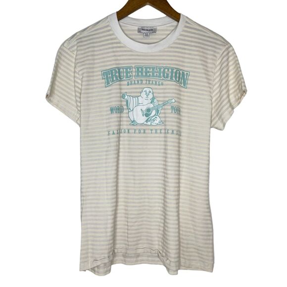 True Religion Logo Buddah Striped Short Sleeve Shirt Size Medium Women’s - Picture 1 of 11